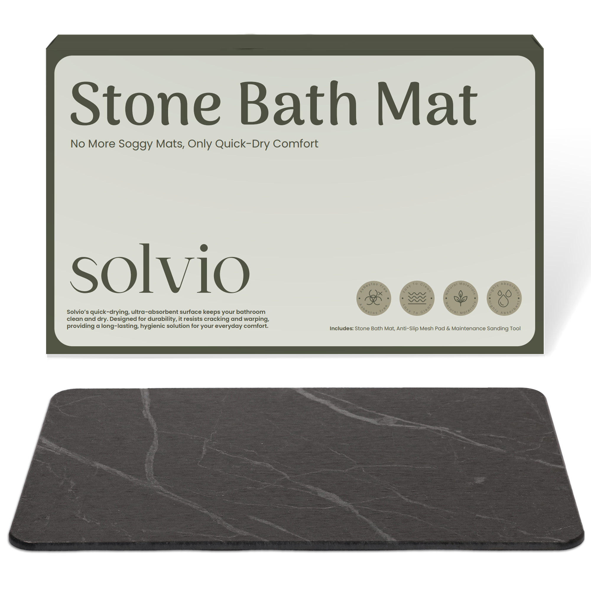Solvio Quick Dry Shower Stone Bath Mat, 24 x 16 Inch (Marble)